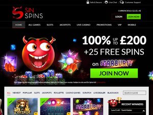 Sin Spins Casino website screenshot