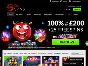 Sin Spins Casino website screenshot