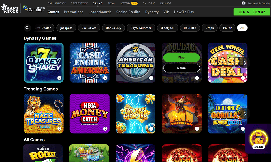 draftkings casino ontario games screenshot