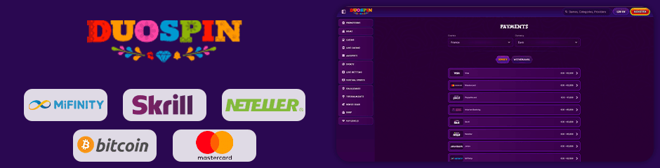 payment options for depositing and withdrawing duospin casino