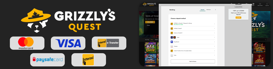 payment options for depositing and withdrawing grizzlys quest casino