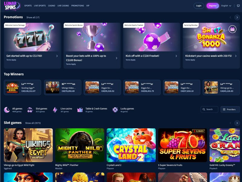 LunarSpins Casino website screenshot