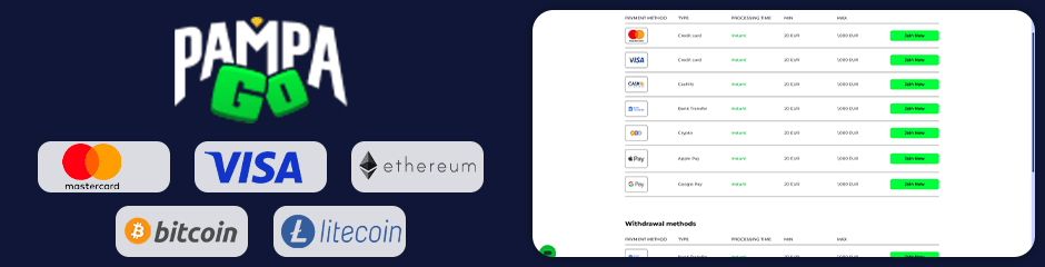 payment options for depositing and withdrawing pampa go casino