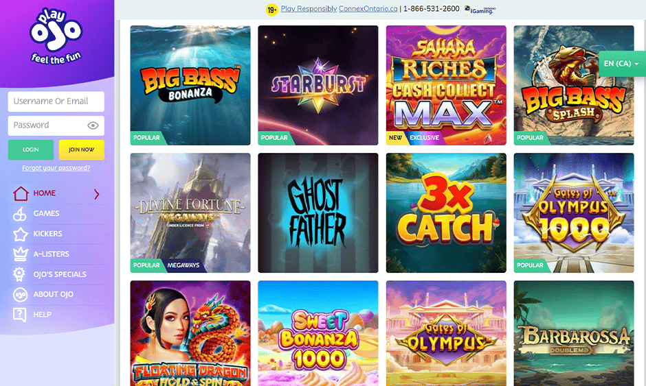 playojo casino ontario games screenshot