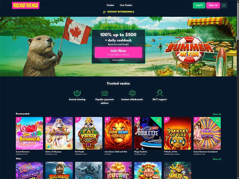 RocketRiches Casino website screenshot