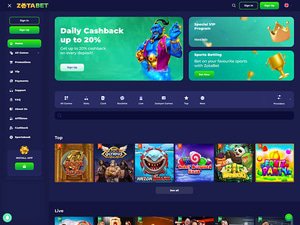 ZotaBet Casino website screenshot